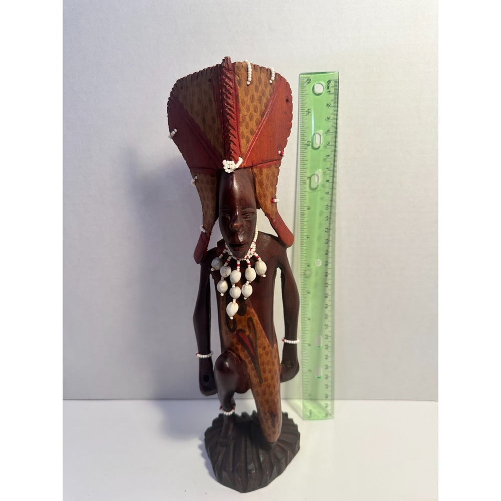 Hand Carved 1950s African Maasai Style Kneeling Warrior Wood Statue Beaded 12in